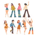 Hippie People Characters Set, Young Men and Women Wearing Retro Style Clothing of 70s Happily Dancing at Party Cartoon