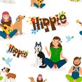 Hippie people and dog seamless pattern