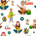 Hippie people with guitar seamless pattern