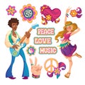 Hippie people, signs of peace, love and music