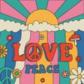 Hippie poster. Cartoon psychedelic banner with colorful hippy and peace signs. Striped abstract background. Flowers and
