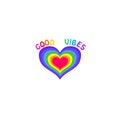 Hippie poster colorful good vibes slogan and heart shape in rainbow colors on white background. Royalty Free Stock Photo