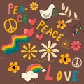 Hippie print. Flowers, peace, love in doodle cartoon style. Vector illustration, elements on a dark background. Royalty Free Stock Photo