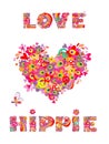 Hippie print with heart shape, abstract colorful flowers, mushrooms and rainbow