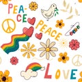 Seamless pattern in hippie style, peace, love in handwritten cartoon style. Vector illustration, elements on a white Royalty Free Stock Photo