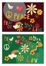Hippie prints. 70s groovy templates, retro print with hippie elements. Peace, love, flowers. Vector illustrations in Royalty Free Stock Photo