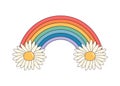 Hippie rainbow with daisies. Groovy retro psychedelic cartoon element.