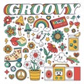 Hippie retro stickers. Groovy flowers, rainbows and mushrooms, psychedelic hippie badges flat cartoon vector symbols illustration