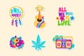 Hippie Retro Vintage Stickers with Dreamcatcher, Guitar, Cassette Recorder and Yin Yang Vector Set