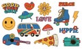 Hippie 70s logo. Cartoon funny psychedelic stickers with pacific peace symbol. Mushroom and pizza. Guitar and hippy van