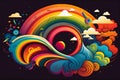 Hippie 60s 70s graphic design. Retro stylish rainbow, clouds, wavy psychedelic doodle color background. Generative AI Royalty Free Stock Photo