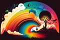Hippie 60s 70s graphic design. Retro stylish rainbow, clouds, wavy psychedelic doodle color background. Generative AI Royalty Free Stock Photo