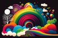 Hippie 60s 70s graphic design. Retro stylish rainbow, clouds, wavy psychedelic doodle color background. Generative AI Royalty Free Stock Photo