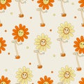 Hippie seamless pattern with smiling daisy flowers.