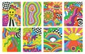 Hippie style, groovy vibes retro psychedelic art posters. Abstract 70s rainbow, sun, flowers hipster covers vector