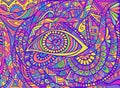 Hippie style rainbow psychedelic shamanic Eye in neon colors, and bizarre ornaments fantastic background