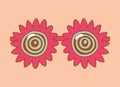 Hippie sunglass with flower in retro color. glasses in 1970 style for stickers, posters and postcards. Illustration 70s