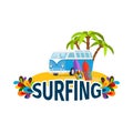 Hippie surfing poster with bus