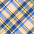 Hippie texture check textile, customizable vector tartan fabric. Nostalgia seamless plaid background pattern in blue and amber