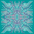 Hippie trippy psychedelic abstract mandala with intricate wavy ornaments, muted color, isolated on blue background. Boho