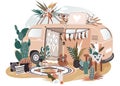 Hippie van in boho style, retro decoration for photo shooting session, vector illustration