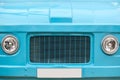 Hippie van front part. Retro vintage vehicle. Blue color