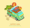 Hippie van travel beach adventure vacation flat 3d web isometric