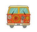 Hippie vintage bus with flowers. Groovy retro hippie travel car. Vector illustration