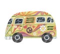 Hippie vintage camper van with flowers. Groovy green retro bus car, peace sign road trip. Watercolor in cartoon style