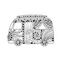 Hippie vintage car a mini van in zentangle style for adult anti stress.