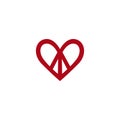 Hippie vintage peace symbol icon. Pacific sign in heart`s shape logo.