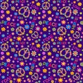 Hippie violet seamless print with flower-power, hippie peace symbols and love, peace, hippie words. Royalty Free Stock Photo