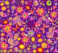 Hippie violet wallpaper with funny butterflies, colorful flowers and mushrooms