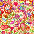 Hippie vivid colorful wallpaper with abstract flowers, hippie peace symbol, peace and love words, mushrooms, pomegranate and paisl