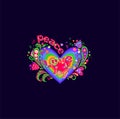 Hippie vivid print with colorful heart shape, flowers and peace, love and joy words on dark background for textile design Royalty Free Stock Photo