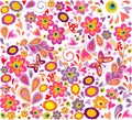 Hippie wallpaper with funny butterflies, colorful flowers and mushrooms