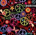 Hippie wallpaper with peace symbol, mushrooms and abstract flowers