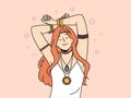 Hippie woman with amulet and bracelets on hands closes eyes, slowly dances with hands up