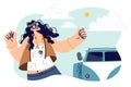 Hippie woman dances standing near minivan and celebrates start of trip or summer vacation Royalty Free Stock Photo