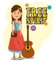 Hippie woman with a guitar cartoon Royalty Free Stock Photo