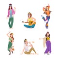 Hippie. Woodstock subculture hippie characters in various clothes exact vector cartoon people