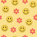 Hippie y2k groovy emojis and flowers seamless pattern. Yellow smile stickers and pink color flowers.