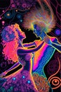 Hippies couple dancing in neon colors. Dancing people on the hippie party. People use LSD and magic mushroom. Generative ai