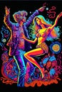 Hippies couple dancing in neon colors. Dancing people on the hippie party. People use LSD and magic mushroom. Generative ai