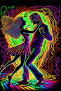Hippies couple dancing in neon colors. Dancing people on the hippie party. People use LSD and magic mushroom. Generative ai