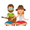 Hippies couple playing guitar characters