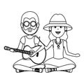 Hippies couple playing guitar characters