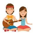 Hippies couple playing guitar characters