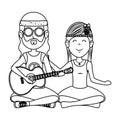 Hippies couple playing guitar characters