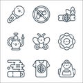 hippies line icons. linear set. quality vector line set such as backpack, t shirt, cigarette, flower, butterfly, hookah, headband